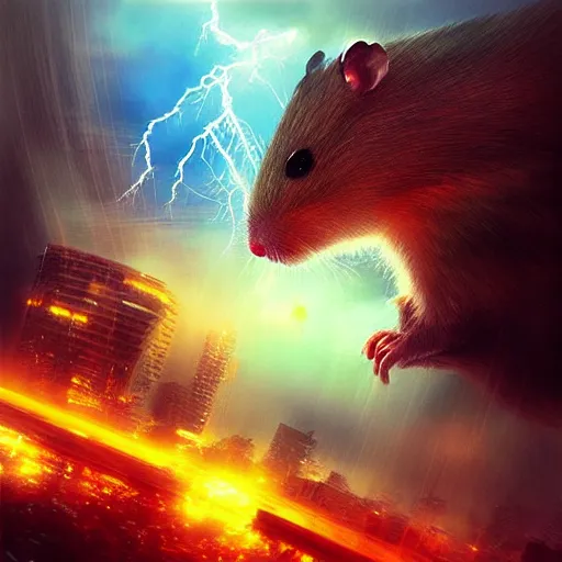 Prompt: “Colossal Hamster destroying a city by Raymond Swanland, Vibrant colours, Thunderstorm, lightning, Big city, 4K image”