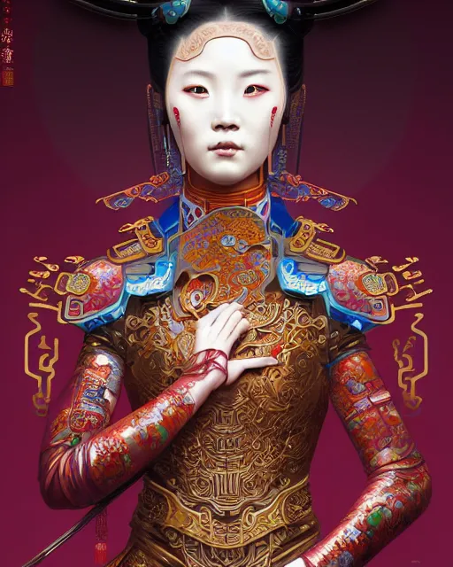 Image similar to portrait of a chinese cyberpunk machine, machine face, arms, upper half portrait, decorated with chinese opera motifs, regal, asian, fine china, wuxia, traditional chinese art intricate intense elegant 京 剧 highly detailed digital painting artstation concept art smooth sharp focus illustration, art by artgerm and greg rutkowski alphonse mucha 8 k