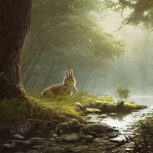Prompt: a rabbit in the forest by a river, by stanley lau and greg rutkowski