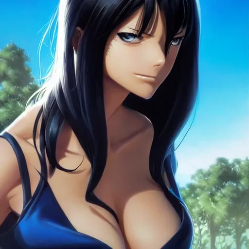 Image similar to highly detailed vfx portrait of nico robin by eiichiro oda!, makoto shinkai, sharp focus, art by artgerm and greg rutkowski!, backlit, harsh overhead sunlight, blue eyes!!, large aquiline nose!!, stanley kybric, kaoru mori, detailed, best of behance,