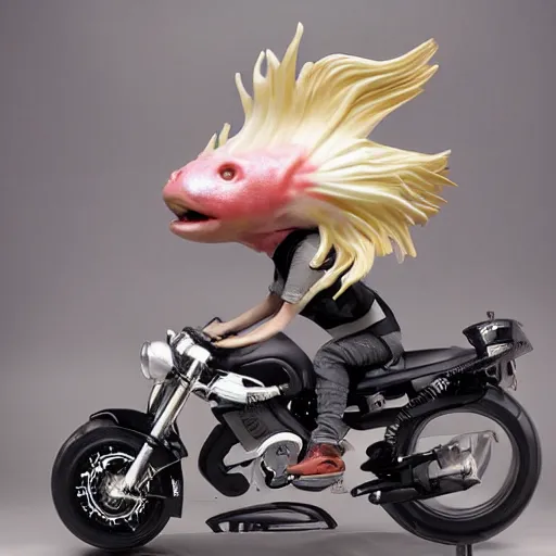 Prompt: giant axolotl riding a futuristic motorcycle, highly detailed, photograph