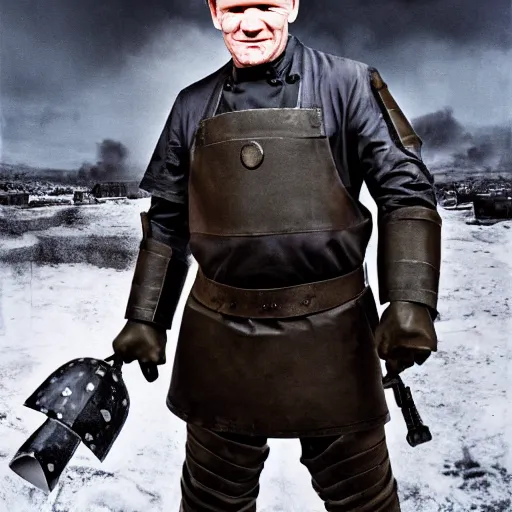 Image similar to gordon ramsay wearing combat armor, soviet russia, very detailed, realistic, 4 k