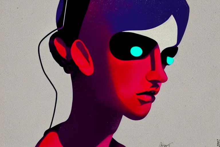 Image similar to vintage minimal figurative beautiful colorful, Cedric Peyravernay figurative art, cyber punk minimal female dj figure art, soft colors mono chromatic, colors on white background, abstract