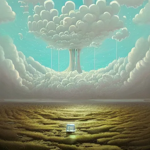 Image similar to beautiful painting of a landscape of glitched cloud ramifications and alien white monuments blossoming in the style of Simon Stålenhag and H. R. Giger, detailed, trending on Artstation