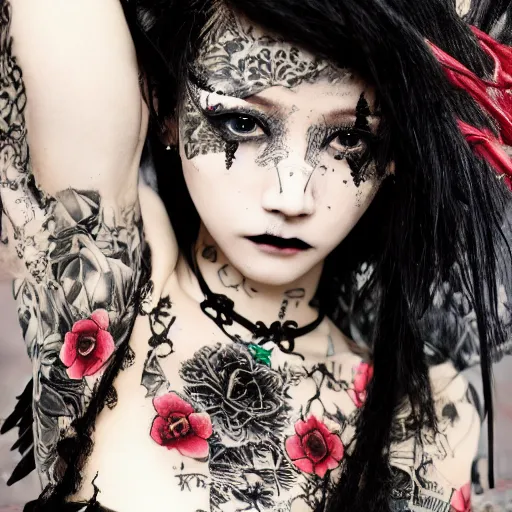 Image similar to japanese gothic model with maximalist hair style and kanji tattoos, dark colors, fashion model, portrait shot, depth of field, 8 k, hyper detailed, intricate, trending on artstation