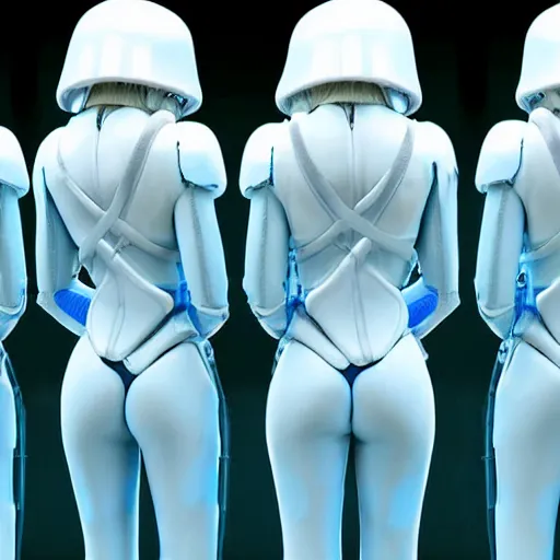 Image similar to troop of cloned women with white bob hairdos, tight light blue space trooper suits, futuristic cloning facility, sci - fi, highly detailed, cinematic