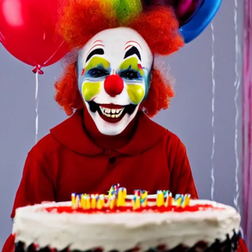 Image similar to photo of an evil clown holding a birthday cake