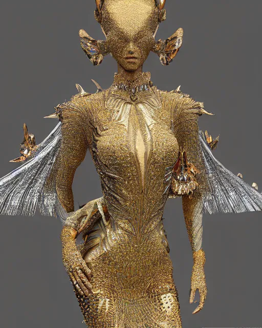 Image similar to a highly detailed metahuman 4 k close up render of an alien goddess bella hadid as god in iris van herpen dress schiaparelli in diamonds crystals swarovski and jewelry in style of alphonse mucha gustav klimt trending on artstation made in unreal engine 4