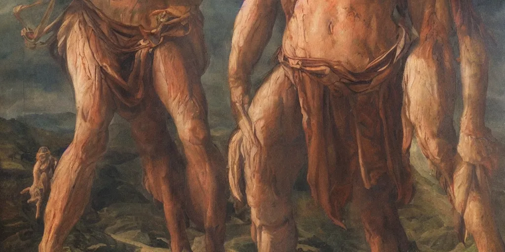 Prompt: high quality high detail painting, dead giant goliath, david standing next to the body