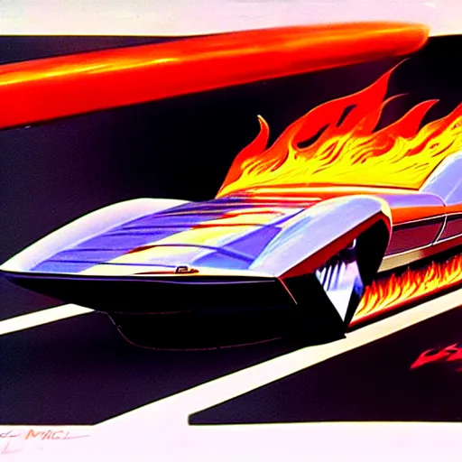 Image similar to concept art for a car with flame throwers, painted by syd mead, high quality