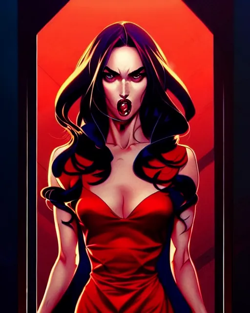 Image similar to artgerm, joshua middleton comic cover art, full body pretty megan fox vampire sharp teeth, red dress, symmetrical eyes, symmetrical face, long curly black hair, dark castle background background, cinematic lighting