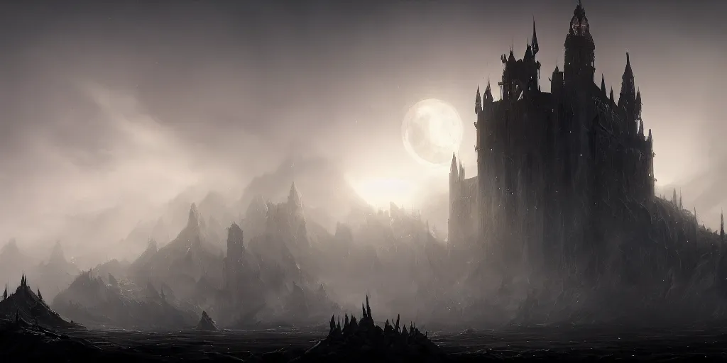 Image similar to black majestic fantasy fortress under a pale moon engulfed in arcane fog trails in the style of marcin rubinkowski, greg rutkowski, lorenzo lanfranconi, oleg zherebin, trending on artstation, ultra wide angle