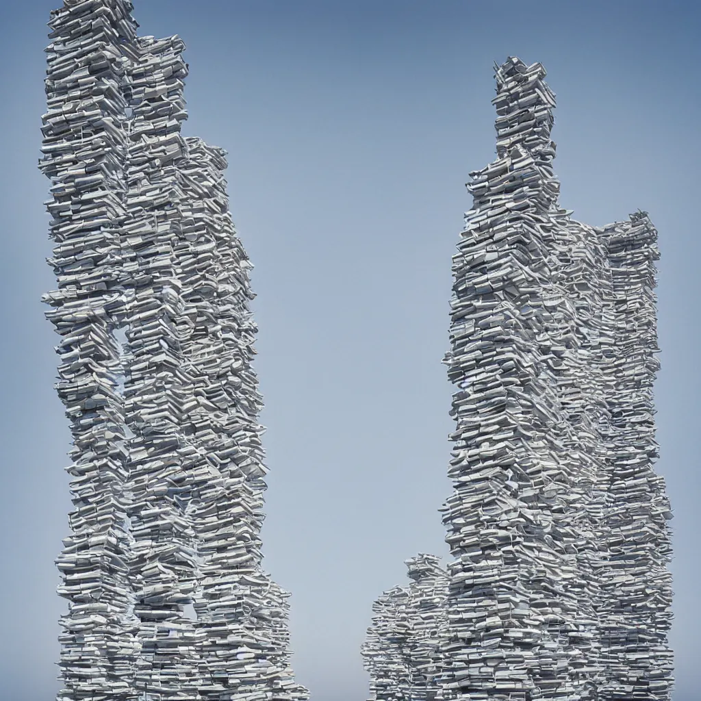 Image similar to intertwined high towers made up of stacked makeshift shelters, uniform plain sky, mamiya, very sharp, very detailed, pastel colours, photographed by cristina de middel