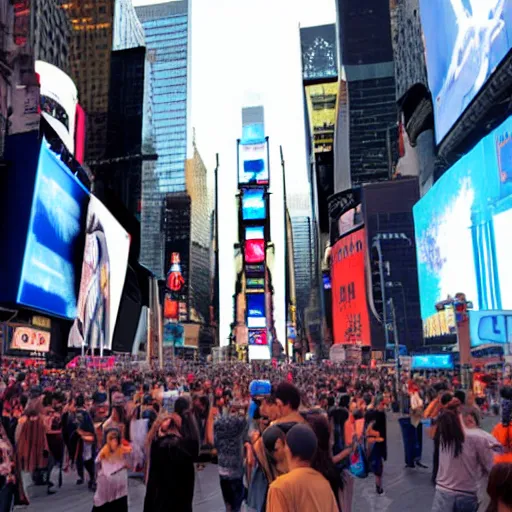 Prompt: a jedi in a battle with voldemort among the people in times square