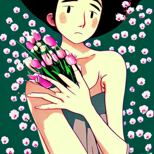 Image similar to beautiful mexican woman, dancing in a tulip and baby's breath field, dark skin, septum piercing and nose ring, prominent cheek bones, black hair and brown eyes, studio ghibli art style, art by hayao miyazaki, makoto shinkai