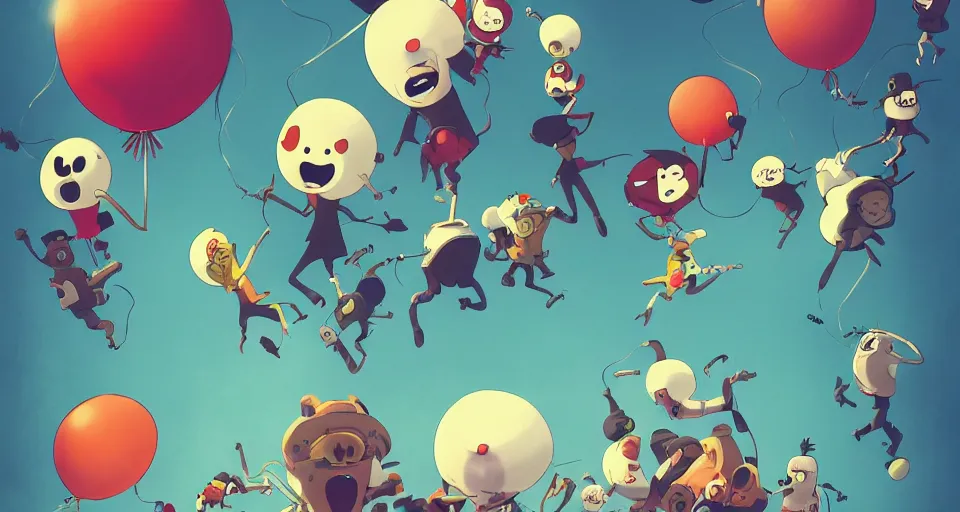 Image similar to cartoon scary children with balloons, evil, in the style of adventure time, the amazing world of gumball, pixar, toki doki, greg rutkowski and makoto shinkai, trending on artstation