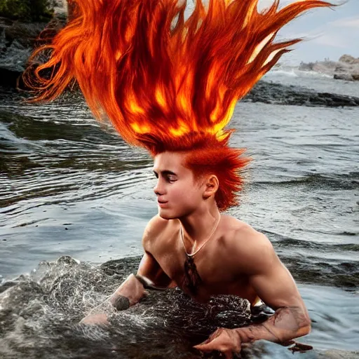 Prompt: a photo of a boy with firey hair emerging from the water with chains on his arms and legs, 1 9 7 7 photo, realistic, photorealistic, detailed, authentic, acc urate, detailed - n 8