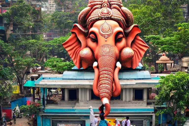 Image similar to beautiful futuristic new delhi, sharp biophilic ganesha!! building, kalighat flowers, highly detailed, stephen shore & john j. park, cinematic morning light, wide shot, ground angle, uhd 8 k, sharp focus