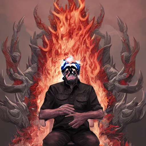 Image similar to Joe Biden sitting on a throne of skulls surrounded by fire, digital painting, highly detailed, trending on Artstation