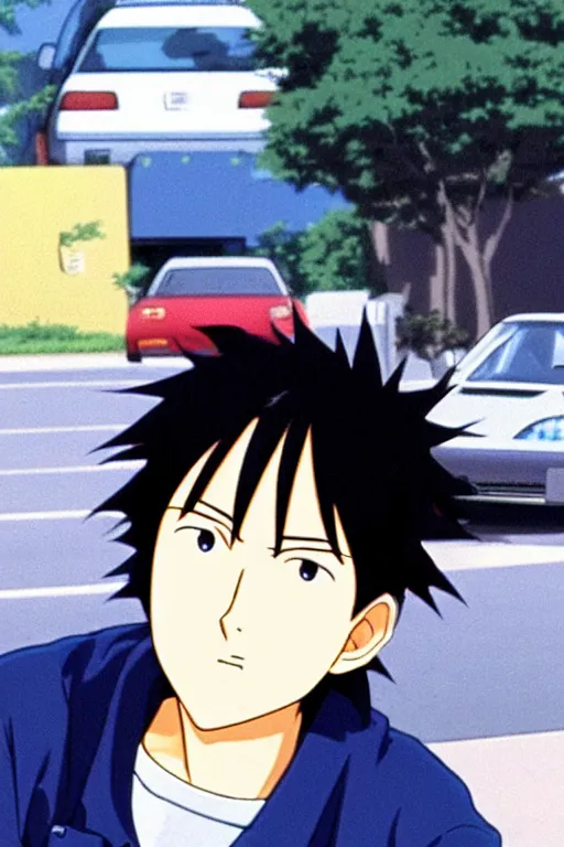 Prompt: very serious ryosuke takahashi with black hair wearing a dark blue shirt and white pants eating a cheeseburger stands leaning on his white mazda, initial d anime screenshot, initial d anime 1 0 8 0 p, detailed anime face, high detail, 9 0 s anime aesthetic