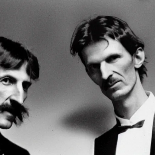 Prompt: Nikola Tesla and Aphex Twin on the moog synthesizer