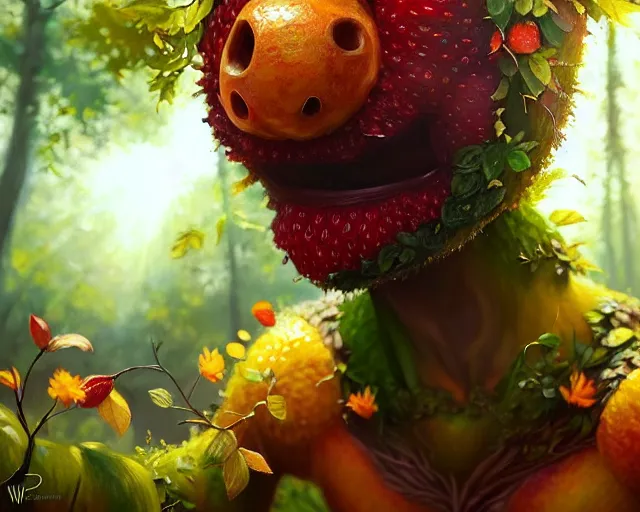 Prompt: a fruit monster made of different fruit, 3 7 9, walking around in forest, detailed mouth, detailed eyes, forest background, trees and flowers, trees in foreground, rays of golden sunlight, oil painting, highly detailed, dramatic lighting, hyperrealistic, smooth, artstation, cgsociety, by artgerm, by wlop
