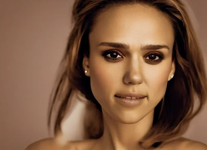 Image similar to a closeup, 4 5 mm, detailed photograph of a woman looking at camera with a seductive smile, half jessica alba half nathalie portman half scarlett johansson, beautiful low light, 4 5 mm, by franz lanting