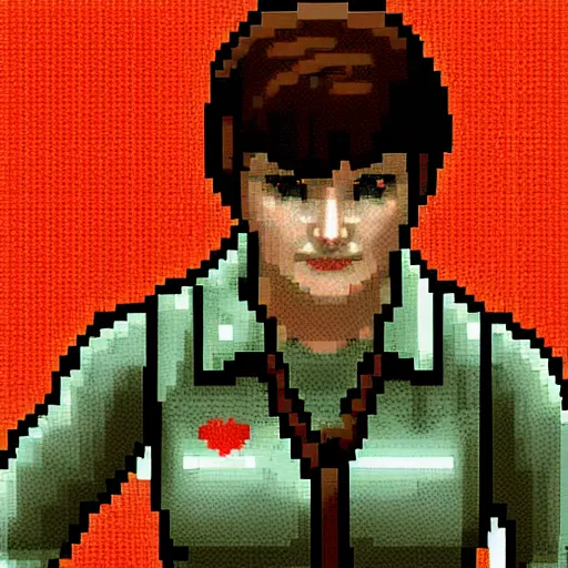 Prompt: Pixel art of Rebecca Chambers from the Resident Evil series