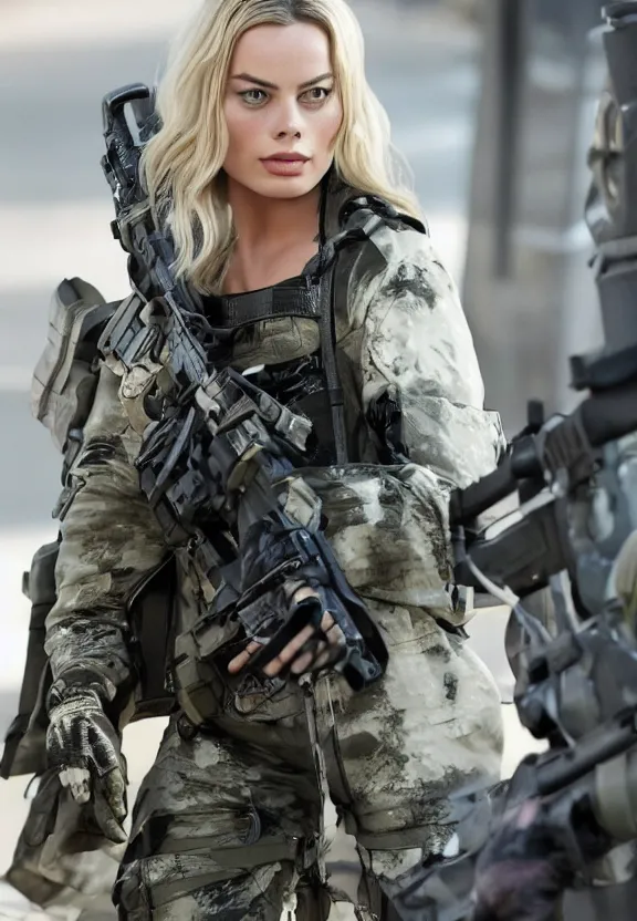 Image similar to margot robbie beautiful blonde as a call of duty modern warfare character detailed high definition tactical gear intricate