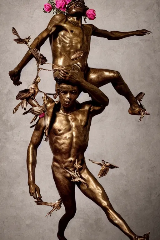 Image similar to Jean-Michel Basquiat as a full-body bronze baroque statue of Icarus in the posing like a bird for flight, crown of peach roses, flowing pink-colored silk, fabric, flowers. baroque elements, human skull. full-length view. baroque element. intricate artwork by caravaggio. many many birds birds on background. Trending on artstation, octane render, cinematic lighting from the right, hyper realism, octane render, 8k, depth of field, 3D