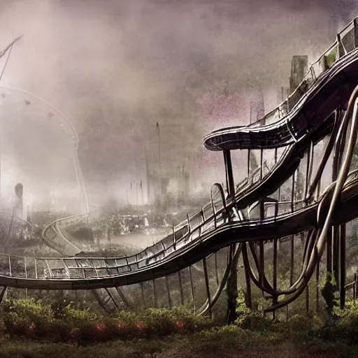 Image similar to abandoned theme park with large rollercoaster that has vines hanging from it, also a carusell with creepy look, matte painting, sharp focus, fog, hazy, desaturated, highly detailed, artgerm