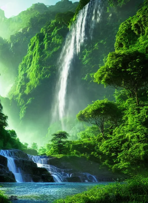 Image similar to a large waterfall in the middle of a green valley, a detailed matte painting by jacob willemszoon de wet, shutterstock contest winner, naturalism, sense of awe, national geographic photo, unreal engine