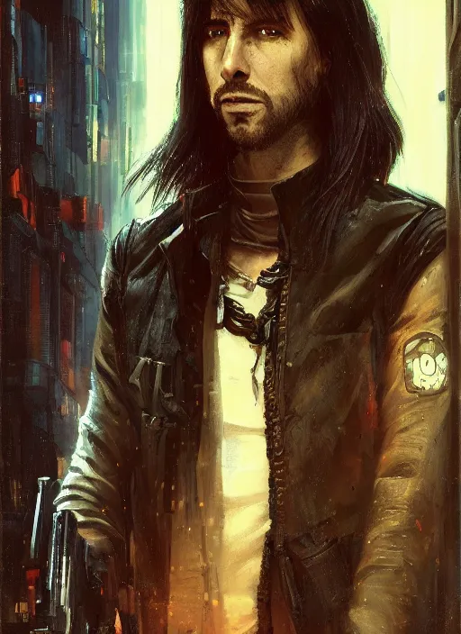 Image similar to long hair vampire. cyberpunk mercenary in a military vest ( blade runner 2 0 4 9, cyberpunk 2 0 7 7 ). orientalist portrait by john william waterhouse and james gurney and theodore ralli and nasreddine dinet, oil on canvas. cinematic, hyper realism, realistic proportions, dramatic lighting, high detail 4 k