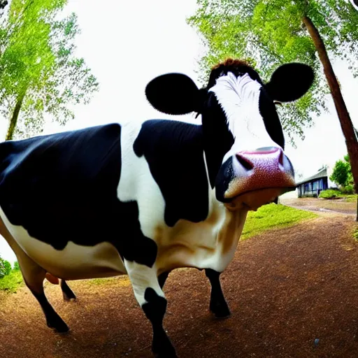 Image similar to a fisheye photo of a cow wearing a tuxedo