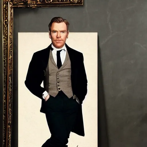 Prompt: ewan mcgregor is dressed as a gentleman at early 2 0 th century paris. he is standing next to an easel. that easel has a canvas on it.