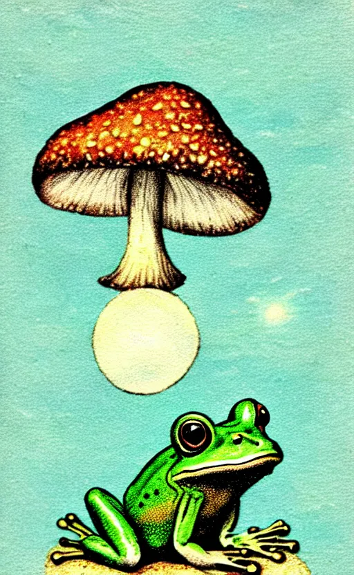 Prompt: cute cottagecore aesthetic frog mushroom moon witchy vintage illustration