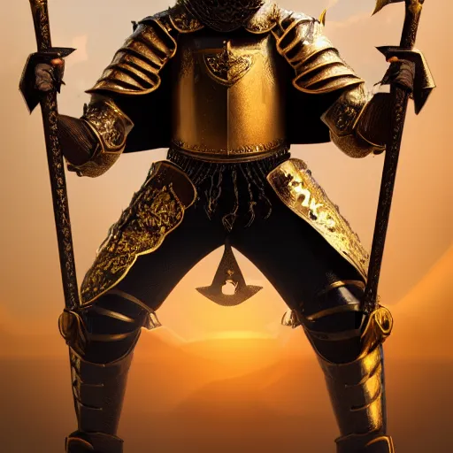 Image similar to a highly detailed full-length knight in a T golden helmet and crown with a diamond in the center, golden armor, leather clothes under the armor, leather gloves, holds a black sword, artstation, DeviantArt, professional, octane render, sunset lighting