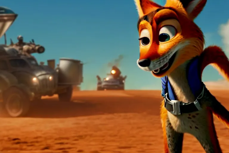 Image similar to nick wilde ( from zootopia ), heavily armed and armored facing down armageddon in a dark and gritty reboot from the makers of mad max : fury road