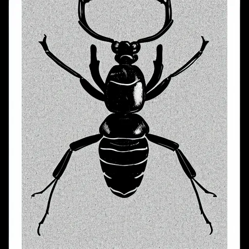 Prompt: stag beetle, black and white, botanical illustration, black ink on white paper, bold lines