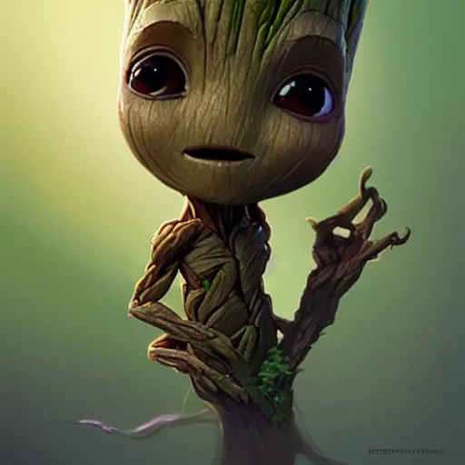 Image similar to Cute Elven baby Groot by Greg Rutkowski and Pixar, asymmetrical, Organic Painting , Matte Painting, geometric shapes, hard edges, street art, trending on the artstation, realistic:2 by Sachin Teng:4