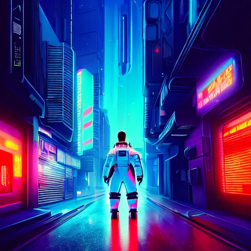 Image similar to professional photo of astronaut on cyberpunk street, synthwave, blade runner 2 0 4 9 style, hyperrealistic masterpiece, trending on artstation, cgsociety, kodakchrome, golden ratio, cinematic, composition, beautiful lighting, hyper detailed, sharp focus, octane render, 4 k, unreal engine