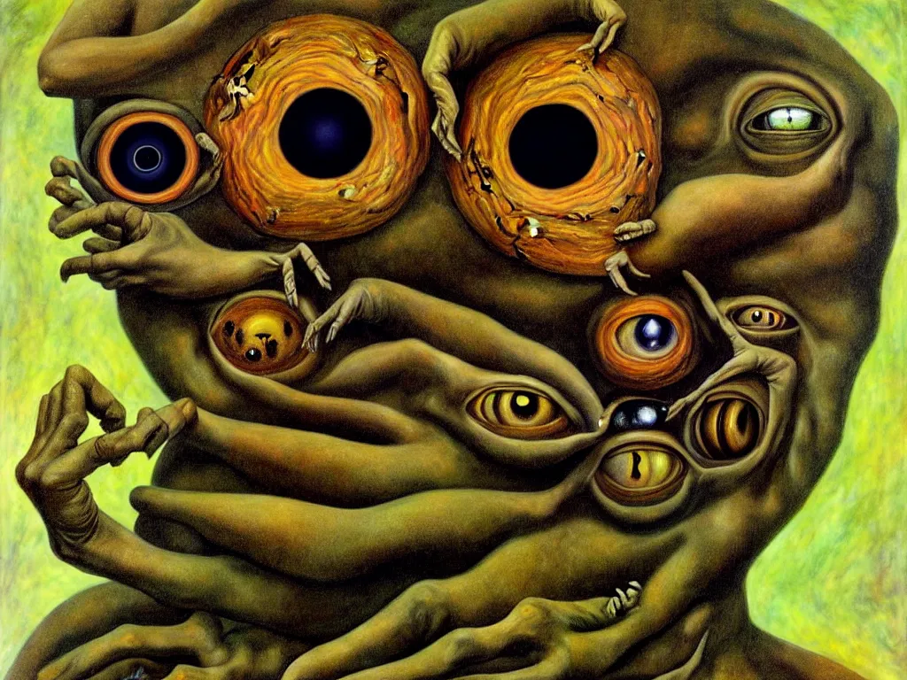 Prompt: a face with a giant eye, insects coming out of the eye and turning into humans, highly detailed, 4 k, art by dorothea tanning