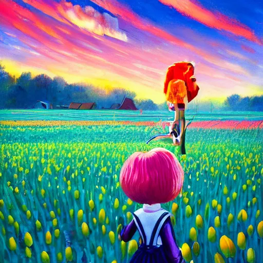 Image similar to dutch girl with singular giant tulip as a head, surreal photography, flower field, sunset dramatic light, impressionist painting, colorful clouds, blue sky, digital painting, artstation, simon stalenhag