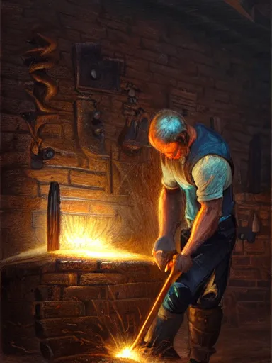 Image similar to a blacksmith striking a hammer in its anvil. working at his forge. intricate, elegant, highly detailed, digital painting, artstation, cinematic shot, concept art, sharp focus, illustration, by justin gerard and artgerm 8 k