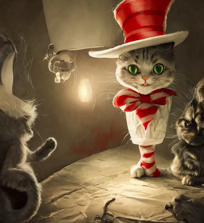 Image similar to complex 3 d render, hyper detailed, ultra sharp, of the cat in the hat, scary, cosmic horror, cinematic, natural soft light, rim light, art by greg rutkowski and artgerm and norman rockwell, dr seuss