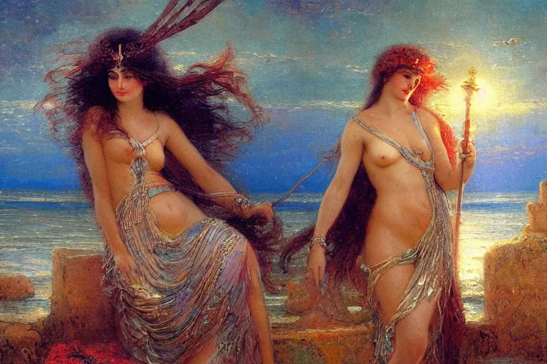 Image similar to portrait of the personification of the moon, goddess of the tides. art by gaston bussiere.