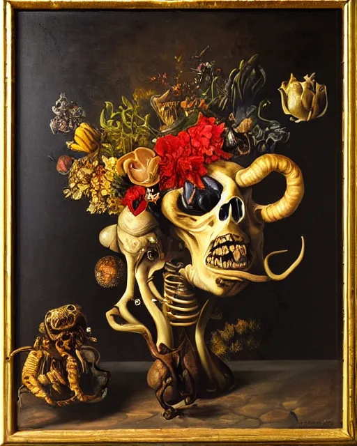 Image similar to refined gorgeous blended oil painting with black background by christian rex van minnen rachel ruysch dali todd schorr of a chiaroscuro portrait of an extremely bizarre disturbing mutated man made of still life flowers and rubber insects with shiny skin acne dutch golden age vanitas intense chiaroscuro cast shadows obscuring features dramatic lighting perfect symmetry perfect composition masterpiece