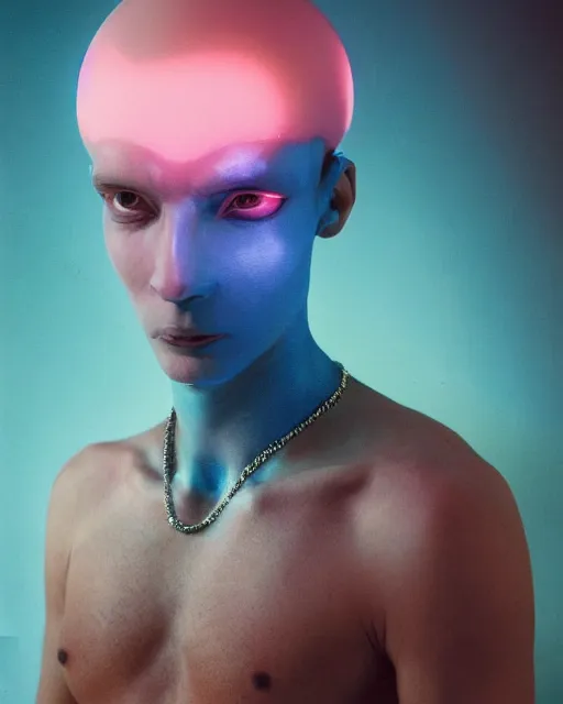 Prompt: natural light, soft focus portrait of a male cyberpunk anthropomorphic porpoise with soft synthetic pink skin, blue bioluminescent plastics, smooth shiny metal, elaborate ornate head piece, piercings, skin textures, by annie leibovitz, paul lehr