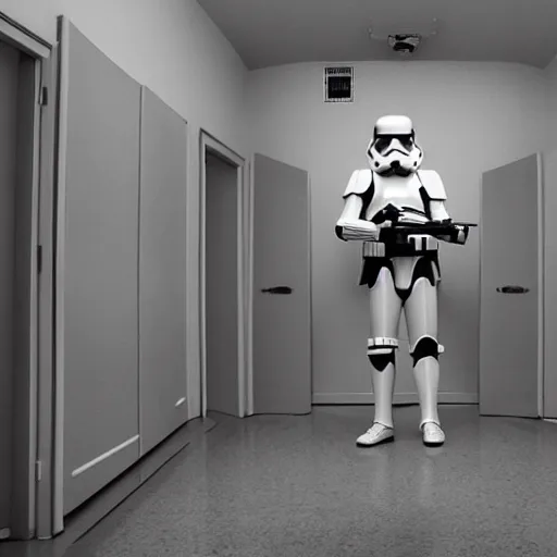 Image similar to an amazing award winning photo of a stormtrooper standing in a room in an asylum