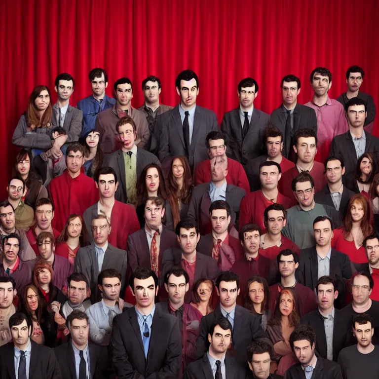 Prompt: focused dslr photograph of hundreds of nathan fielder from nathan for you on comedy central filmed by a tv crew on a stage with a red curtain, meta, fractal, trippy, high detail!!! 8 k, photorealism, sharp focus, volumetric lighting, coherent!!! art directed, rule of thirds, facial details, expressions, hd, professional